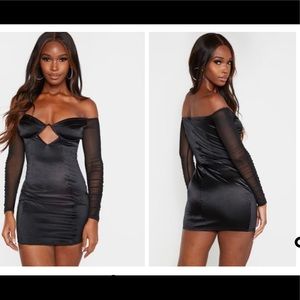 Black Satin Mesh Sleeve Bodycon Dress
Size: 0